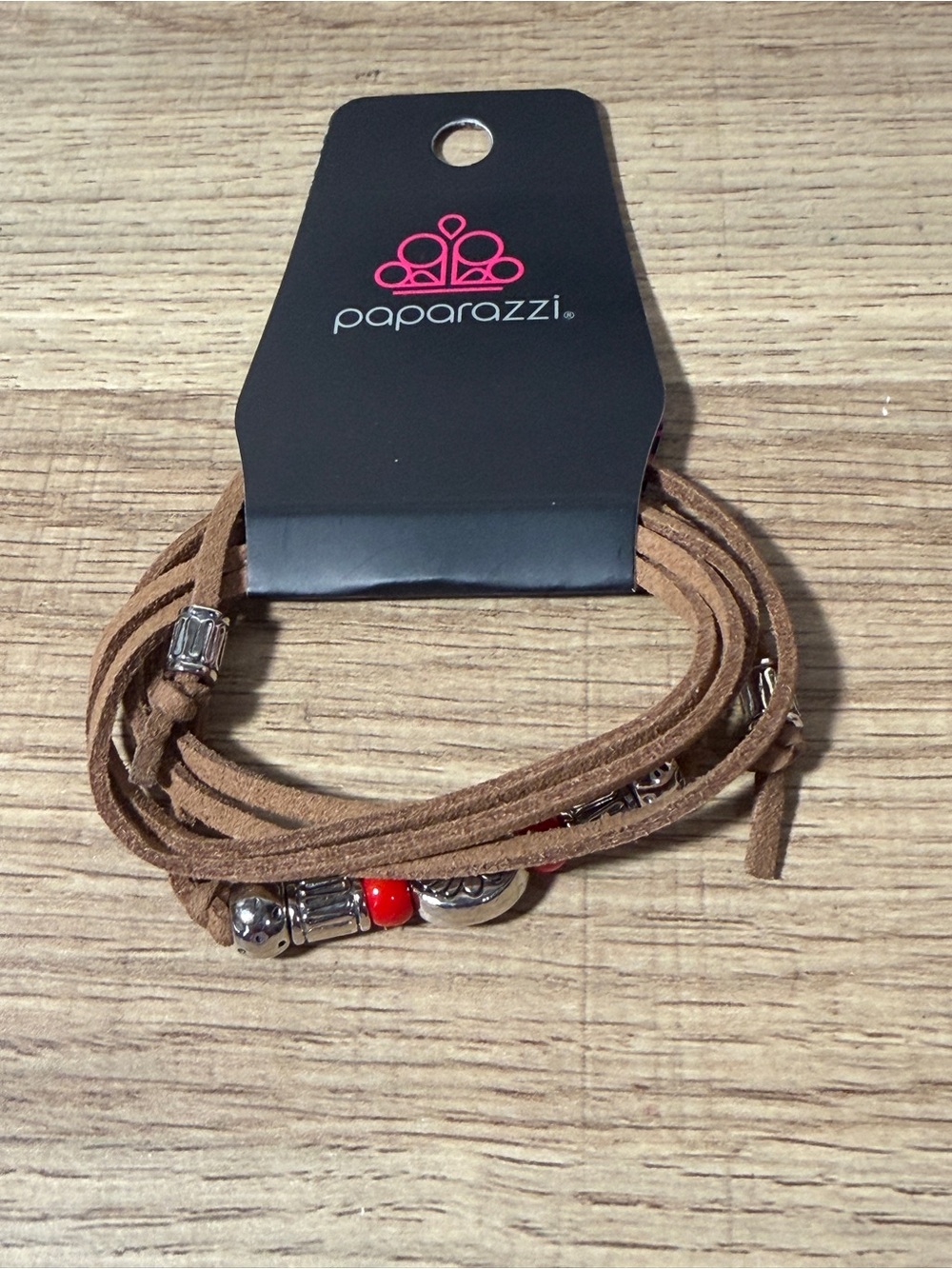paparazzi Brown Faux Suede Multi‑Wrap Bracelet with Red Accent